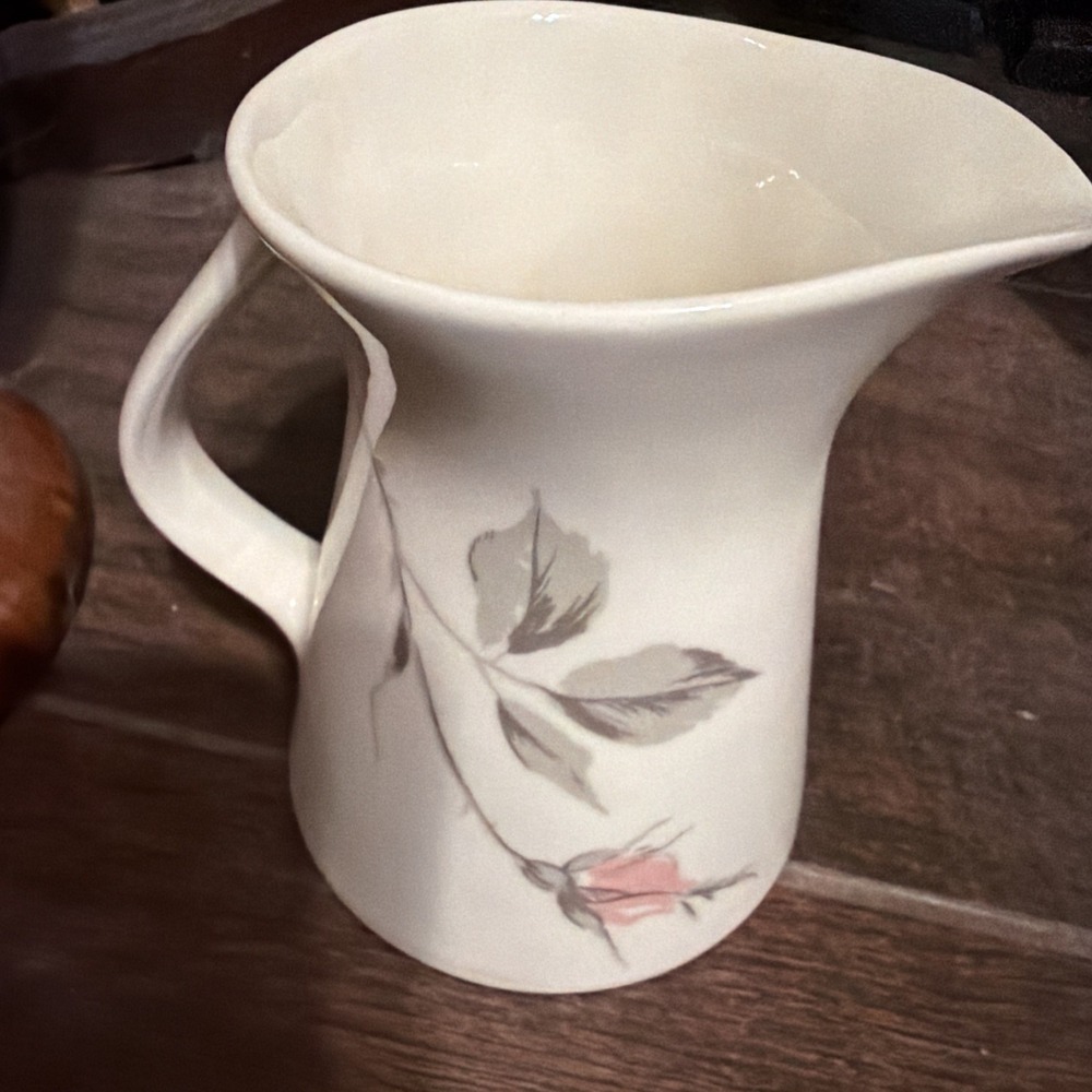 Vintage White Creamer Pink Rose Bud  Gray Leaves No Brand Cracks Or Chips